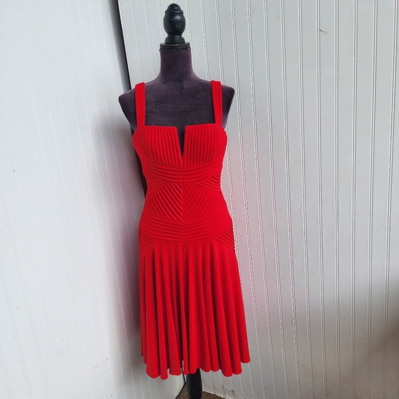 Calvin Klein Women's Red Sleeveless Midi Sheath Dress Rutched Square Neck Size 0 - Picture 1 of 14